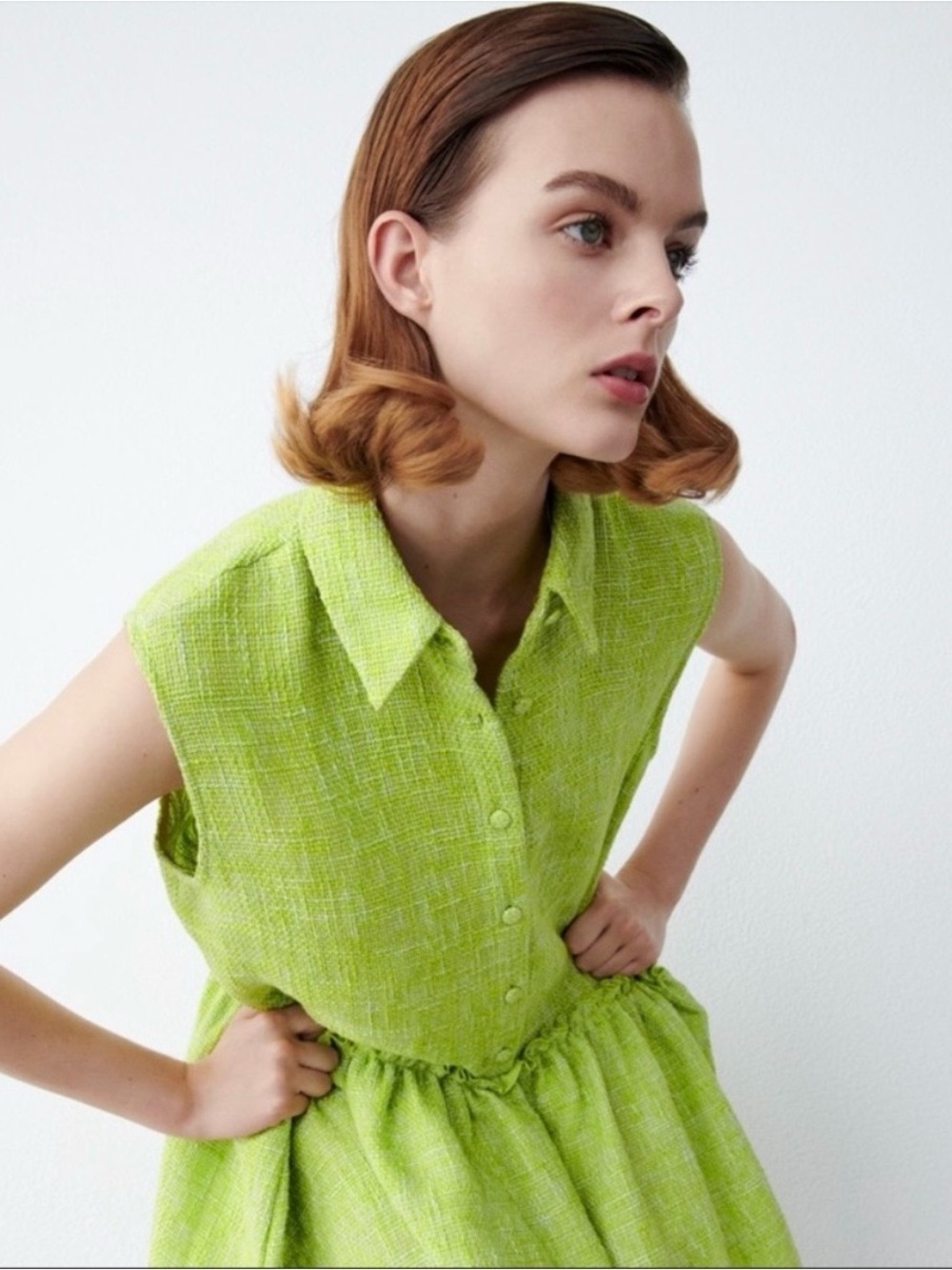 ZARA TEXTURED MINI GREEN HEATHER WHITE KNIT COLLAR DRESS small - Picture 2 of 11
